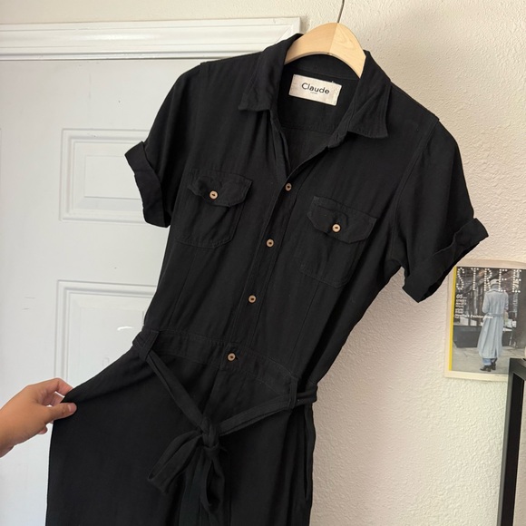 CLAUDE tulum black linen button up utility short sleeve work chore jumpsuit - Picture 3 of 8